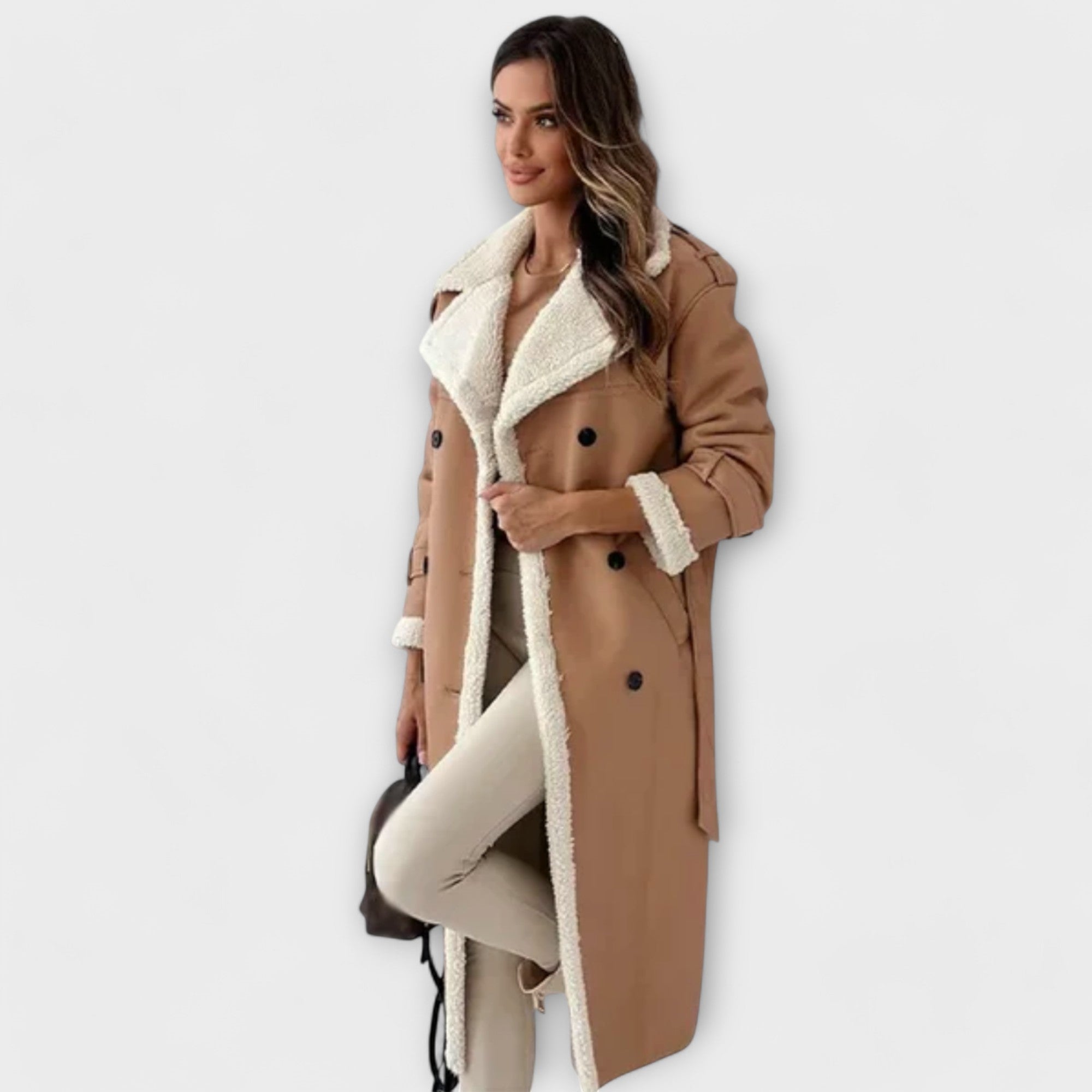 Maria | Lang klassisk cardigan med fleeceforede og teddykrave