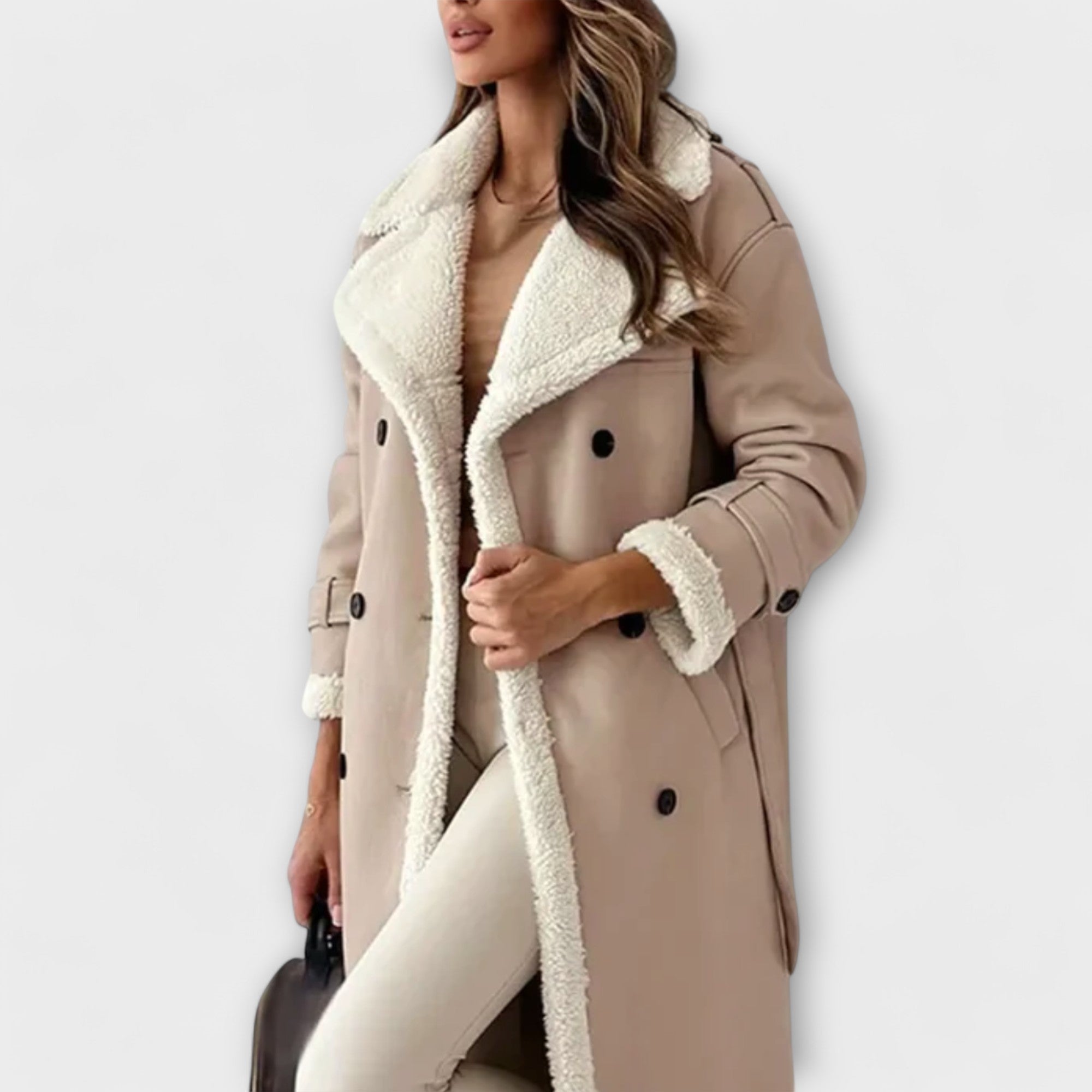 Maria | Lang klassisk cardigan med fleeceforede og teddykrave