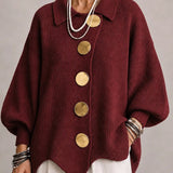 Loredana | Oversize Ribstrikket Cardigan med Bølget Kant, Bordeaux