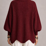 Loredana | Oversize Ribstrikket Cardigan med Bølget Kant, Bordeaux