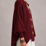 Loredana | Oversize Ribstrikket Cardigan med Bølget Kant, Bordeaux