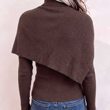 Aurelia | Todelt Ribstrik med Rullekrave og Asymmetrisk Skulderstykke, Chokolade